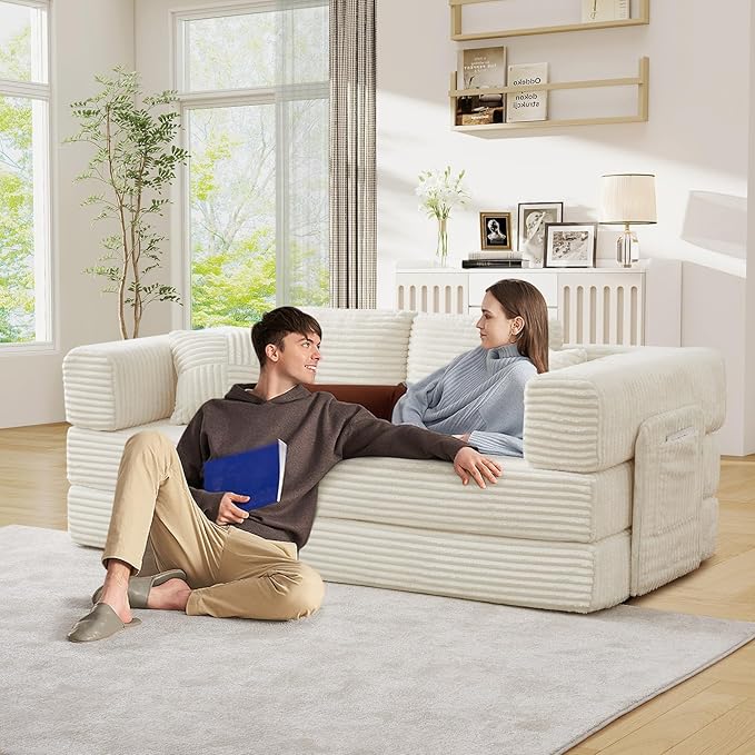 Antetek Convertible Sofa Bed, Comfy Corduroy Fluffy Love seat Sleeper Sofa, 5 in 1 Folding Couch Bed, Fold Out Floor Couch with Pillows for Bedroom, Living Room, Office, Wide Stripes, Beige