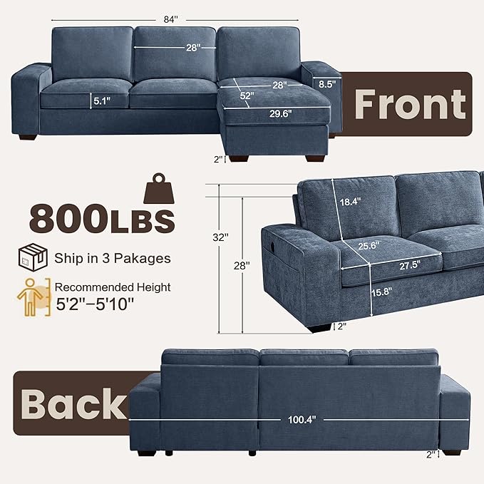 PARKOL 99" L-Shaped Sectional Couch with Storage, Sofa with Reversible Chaise, USB Type-C Charging, Chenille Fabric, Removable Cushion Covers, for Small Space, Apartment, Living Room, Blue