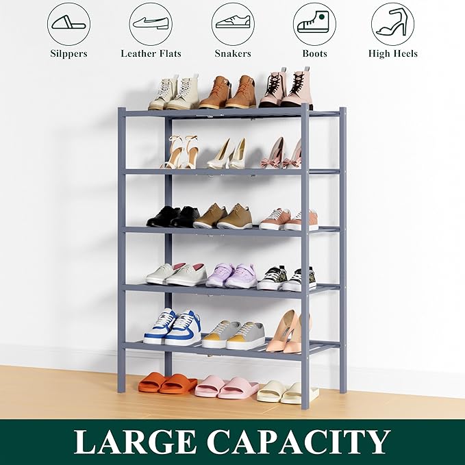 Smiry Shoe Rack, 5 Tier Thick Bamboo Shoe Organizer, Stackable Free Standing Wooden Shoe Storage Shelf for Closet, Entryway, Front Door Entrance, Grey