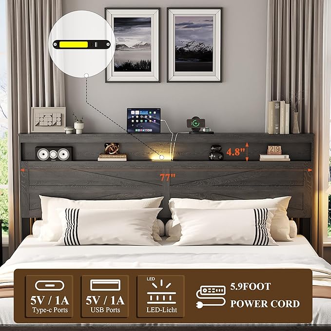 Farmhouse King Size Bed Frame with Headboard Storage Shelf, Wood Platform Bed Frame with LED Lights & Charging Station, Rustic Black Metal Bed, No Box Spring Needed, Noise-Free Sturdy Structure