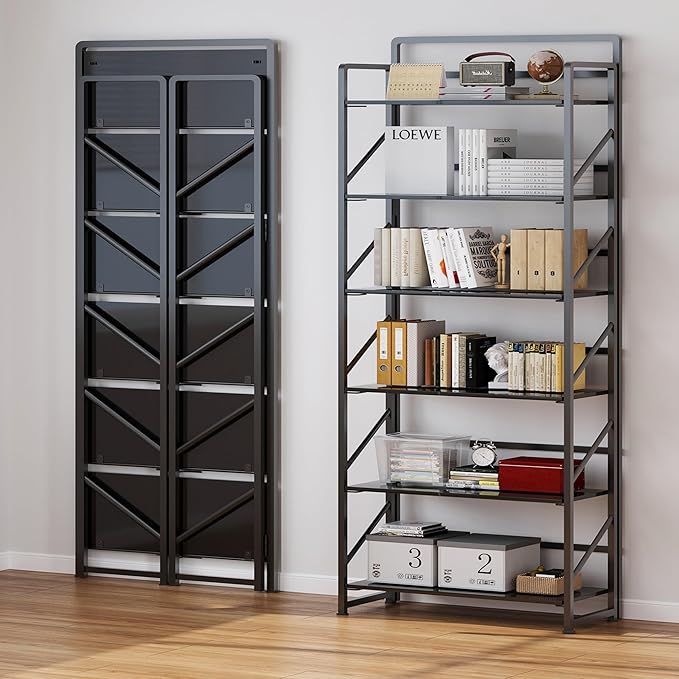 JSB No Assembly Folding Bookshelf, 6 Tier Industrial Metal Book Shelf for Storage, Vintage Wood Foldable Bookcase for Living Room, Bedroom, Office Organization Shelves
