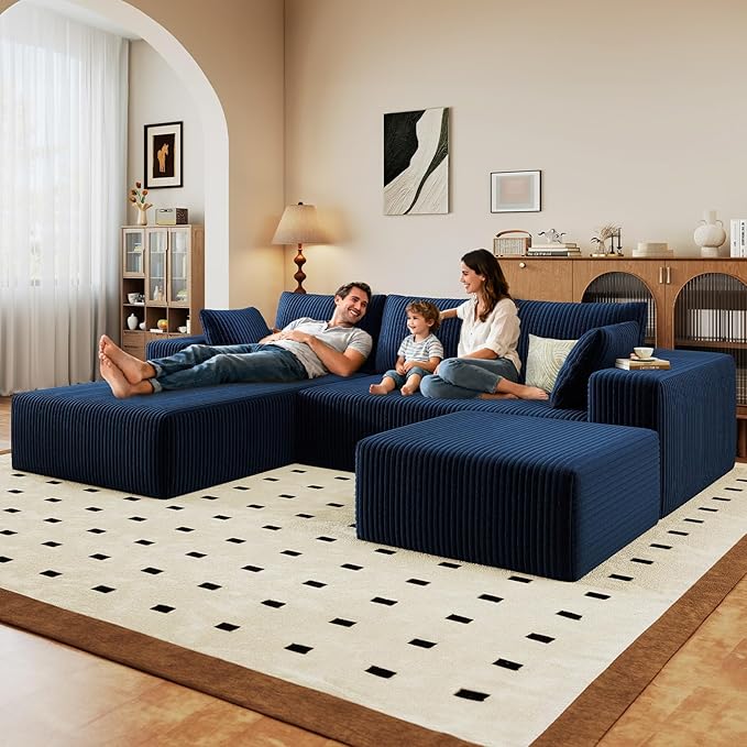 96" U-Shape Cloud Couch, Modern Modular Sectional L-Shape Sofa with Ottoman, Corduroy Upholstered Couches Deep Seat Sleeper Chaise Longue for Living Room, No Assembly Required(Blue, Left Facing)