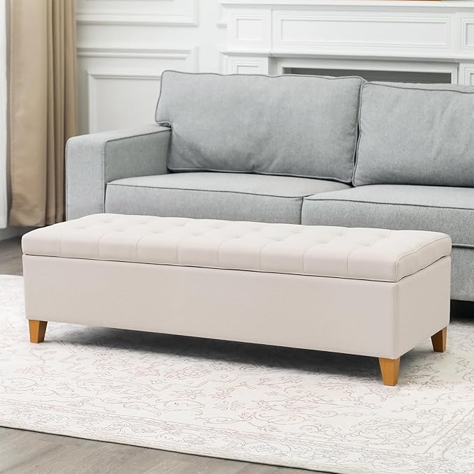Joveco Storage Ottoman Bench, 51" Rectangle Long Bench, for Bedroom, End Foot of Bed, Living Room, Entryway, Beige