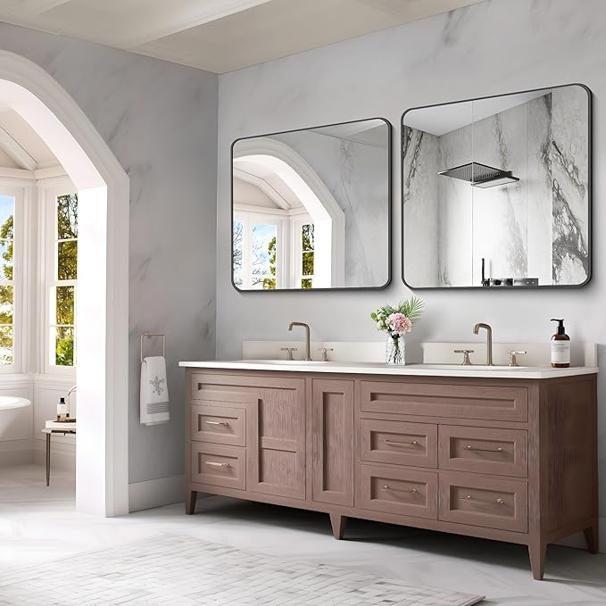 FORBATH Bathroom Mirror 42x42 Inch, Large Square Vanity Mirror with Black Aluminum Frame Rounded Corner, Wall Mounted Mirror for Bathroom Bedroom Entryway Living Room Home Decoration