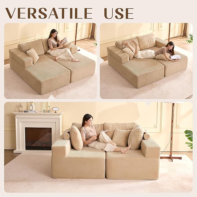 Chaise Lounge Chair, Boneless Couch for Living Room and Bedroom, Sleeper Couches Reading Chairs, Corduroy, Camel