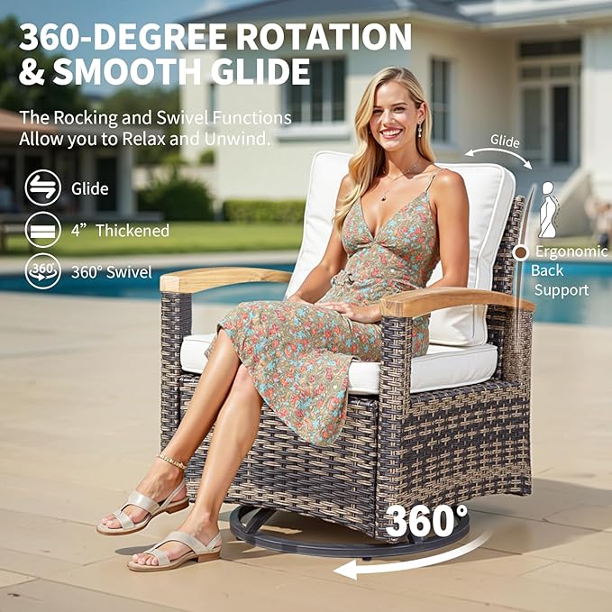 MEISSALIVVE 7 Pieces Patio Furniture Sets,PE Wicker Outdoor Conversation Sets with 2 Wood Armrests Swivel Rocker Chairs, 2 Ottoman, 2-seat Sofa and Coffee Table(Brown)