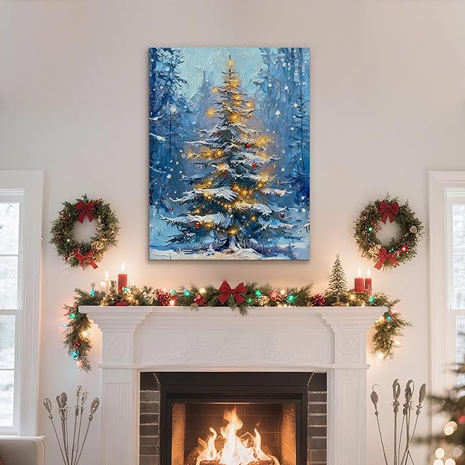 Framed Christmas Pictures Wall Decor,Vintage Pine Tree Prints,Winter Christmas Canvas Wall Art Decoration for Bedroom Bathroom Living Room Rustic Xmas Holiday Gifts (Christmas Tree 1, 16'' X 20'')