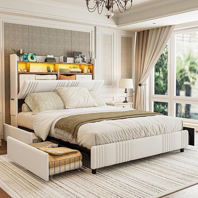IKIFLY Queen Bed Frame with Hidden Storage Headboard & 4 Drawers, 49.2” Tall Upholstered Wingback Headboard with LED Lights and Charging Station, No Box Spring Needed, Solid Wood Slats, White