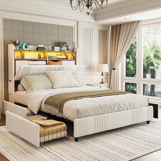IKIFLY Queen Bed Frame with Hidden Storage Headboard & 4 Drawers, 49.2” Tall Upholstered Wingback Headboard with LED Lights and Charging Station, No Box Spring Needed, Solid Wood Slats, White