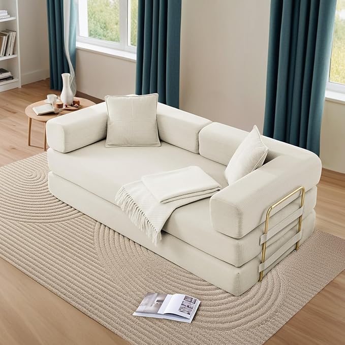 Antetek Convertible Futon Sofa Bed, 3-Seater Modern Corduroy Foam Floor King Size Bed Fold Out Sleeper Lounge Loveseat Sofa Couch with 2 Throw Pillows for Living Room Bedroom Guest Room, Beige