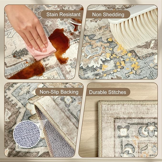 Area Rugs 5x7 - Machine Washable Vintage Oriental Soft Rug, Low Pile Thin Floor Carpet with Non Slip Backing for Living Room, Bedroom,Dorm, Kitchen, Indoor House, Office Rolling Chair