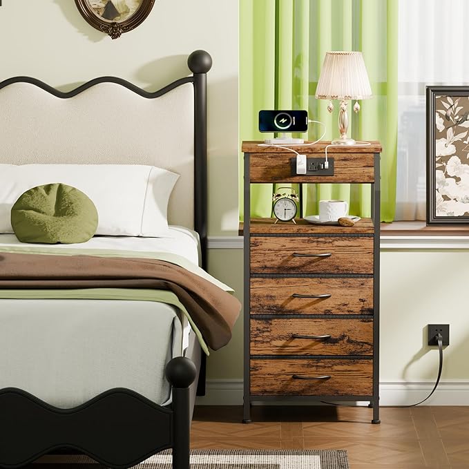 Furnulem Night Stand with Charging Station, Small Dresser with 4 Fabric Drawers, 33.3 Inch Tall Bedside Table, Storage Tower for Closet, Entryway, Bedroom Furniture, 3 Ways to Use, Rustic Brown