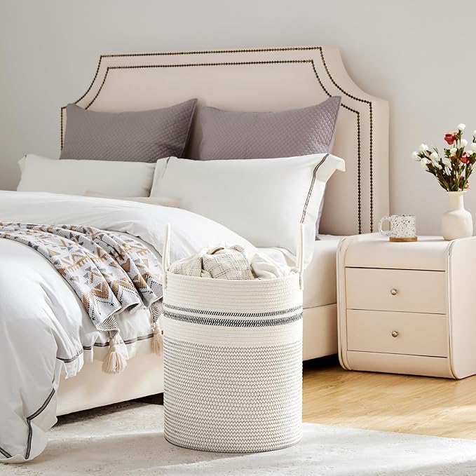 VIPOSCO Large Laundry Hamper, Tall Woven Rope Storage Basket for Blanket, Toys, Dirty Clothes in Living Room, Bathroom, Bedroom - 53L Stripe White