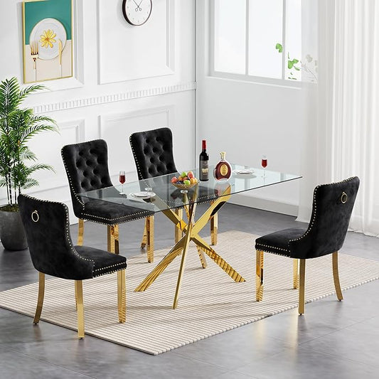 Goujxcy Glass Dining Table Set for 4, Modern Kitchen Table and Chairs Set of 4, 5-Piece Kitchen Dining Room Table Set w/51 Gold Glass Dining Table and 4 Black Velvet Upholstered Chairs
