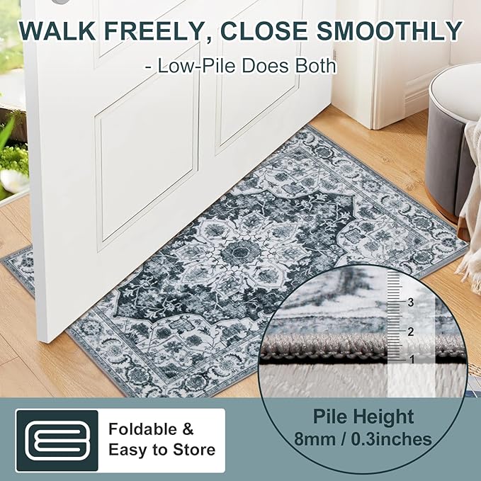WILLSUN Washable Area Rugs, 2x3 Non-Slip Boho Small Area Rugs for Entryway, Kitchen, Bathroom, Machine Washable Vintage Rug, Indoor Floral Print Carpet for Home Decor, Kid & Pet Friendly Mat