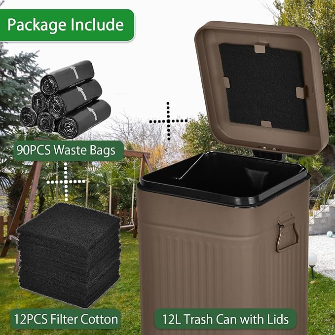 Dog Poop Trash Can with Lid for Outdoors，3.2 Gallon Trash Can with Activated Carbon Filter & Plastic Bags, Pet Waste Container，UP12L-Brown-F+90BK
