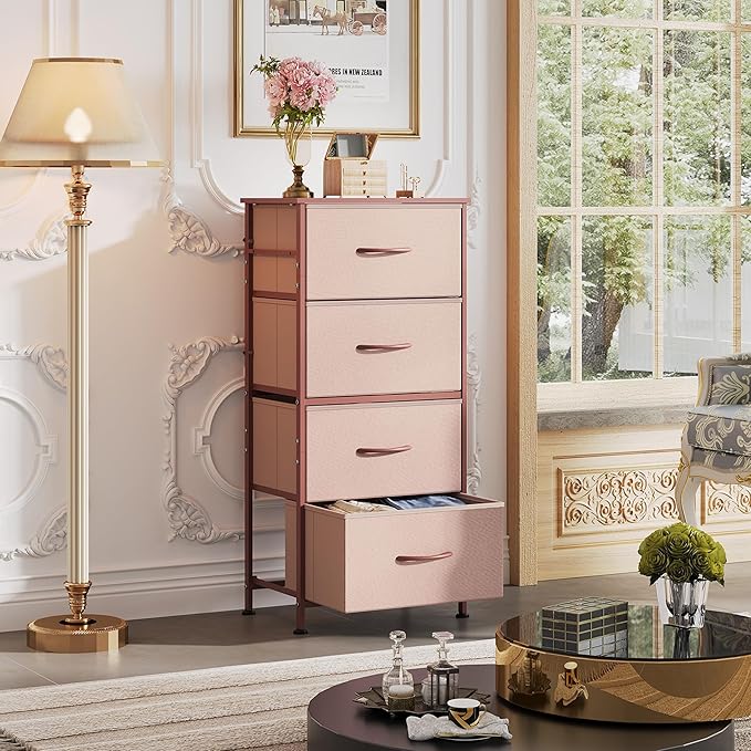 WLIVE 4 Drawers Dresser for Bedroom, Pink Rose Gold Fabric Clothes Storage Organizer Unit, Dresser for Hallway, Entryway, Closets, Sturdy Steel Frame, Wood Top