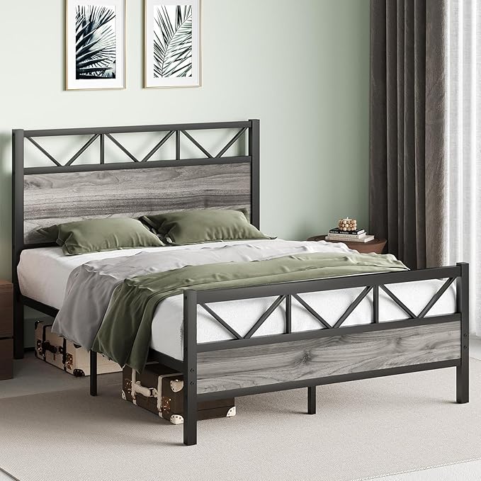 Full Size Bed Frame, 51.2" Tall Industrial Headboard, Full Platform Bed Frame with Strong Steel Slats Support, Noise Free, No Box Spring Needed, Easy Assembly, Wash Grey