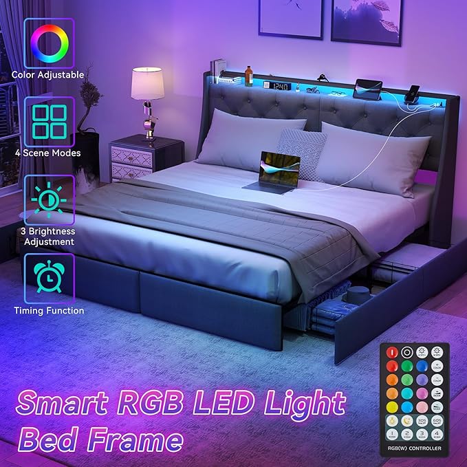 SADENICEL King Size Bed Frame with Storage Headboard, Metal Platform Bed Frame King with 4 Drawer, LED Light, Charging Station, No Box Spring Needed, Noise Free, Easy Assembly, Grey