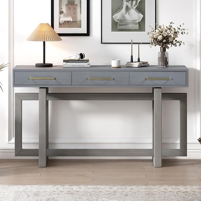 Knocbel Long Console Table with 3 Drawers and Handle, Elegant Entryway Sofa Table End Table with Cross Sled Base for Living Room Foyer, Corridor 15.7" D x 57" W x 30.6" H Antique Gray