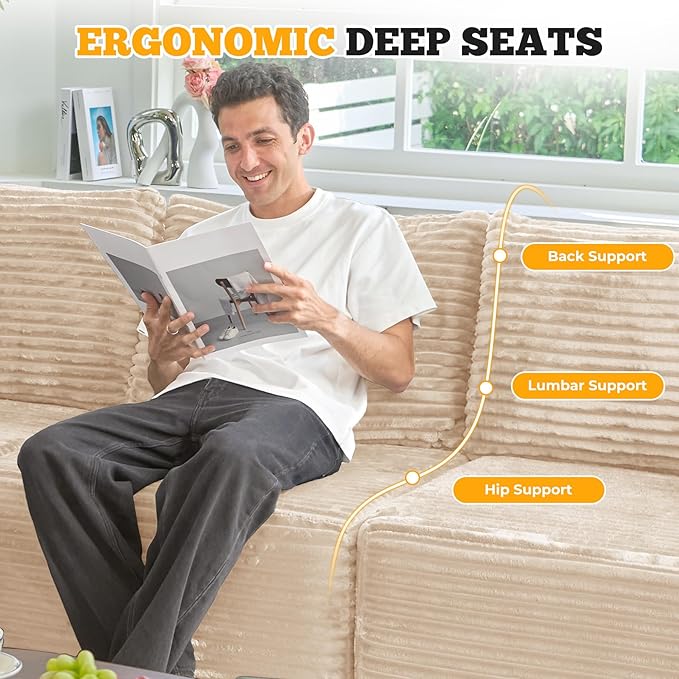 146" Modular Sectional Sofa, Convertible U-Shaped Cloud Couches for Living Room with Ottoman, 6 Seater Corduroy Boneless Couch Sofa Set, No Assembly Required, Khaki 1 PCS