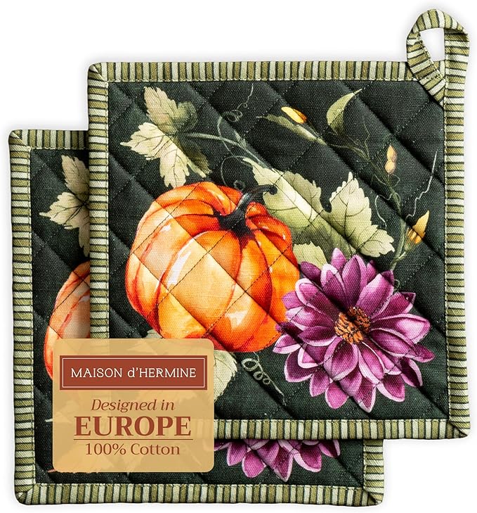 Maison d' Hermine Pot Holders Set 100% Cotton Heat Resistant Potholders 8" x 8" Hot Pads with Loop for Thanksgiving Christmas Decorations Handling Hot Pans (Pack of 2, Pumpkin Garden - Dark Green)