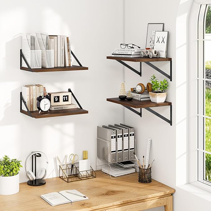 Heimlove 12 Inch Deep Floating Shelves for Wall, 16W x 12D Wide Floating Shelves Heavy Duty Wall Mounted Shelves, Wood Shelves for Living Room Bedroom Bathroom Kitchen- Set of 4