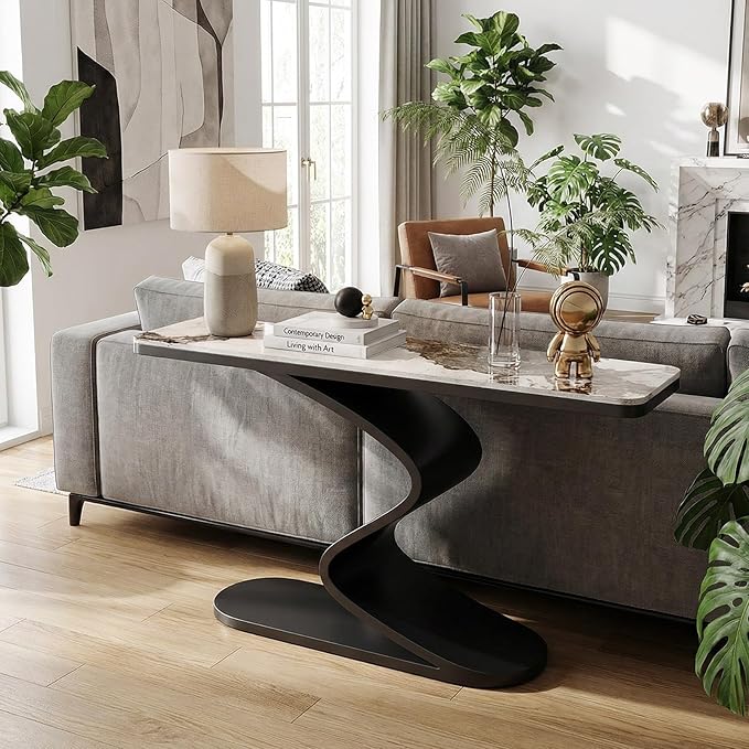 Modern Console Table with Sintered Stone Top, 47" Entryway Table with Sculptural S-Shaped Base Narrow Hallway Sofa Table Behind Couch for Living Room, Accent Furniture(Black,59"x11.8"x31.5")