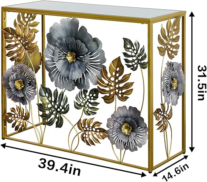 Console Table, Vintage Art Sofa Table with Metal Flower Decor, Narrow Entryway Tables with Glass Mirror Tabletop Behind Sofa, Narrow Accent Table for Entryway Living Room Hallway Bedroom