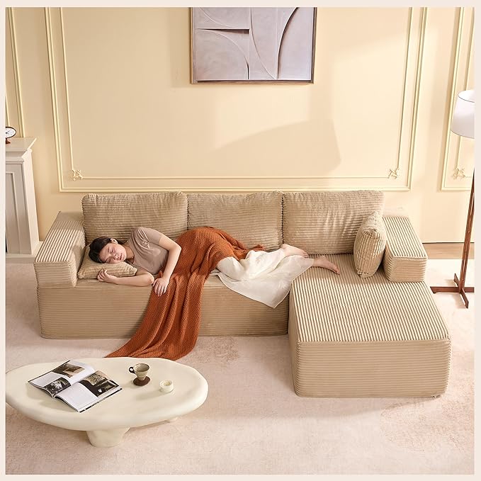 107" Boneless Couch with Deep Seat, Modular Sectional Sofa, Cloud Sectional Couch for Living Room, No Assembly Required, Corduroy, L-Shape Right?Camel