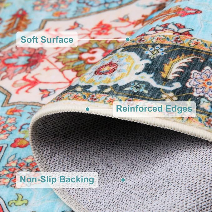 WILLSUN Washable Area Rugs, 5x7 Non-Slip Boho Large Area Rugs for Living Room, Bedroom, Machine Washable Vintage Rug, Indoor Floral Print Carpet for Home Decor, Kid & Pet Friendly Mat