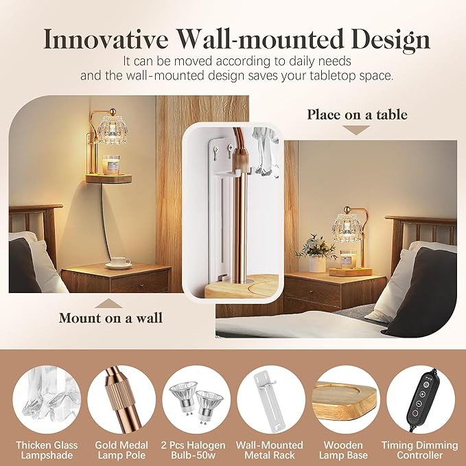 Candle Warmer Lamp with Timer Dimmer, Modern Wax Warmer for Scented Wax Jar Candle Warmer with 2 Bulbs, Adjustable Height Glass Lamp for Gifts for Women, House Warming Gifts, Home Decor, Gold Clear