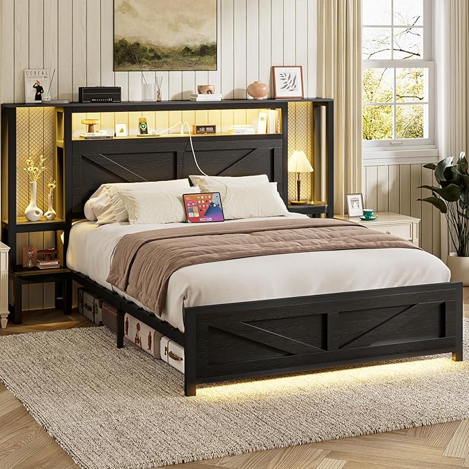 Queen Size Rustic Bed Frame with Storage Born Door Headboard and Bedside Storage, Industrial Farmhouse Metal Platform Bed Frame with Charging Station and LED Lights, Black