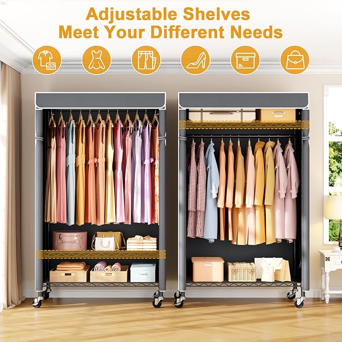 P6C Rolling Clothes Rack with Cover, Covered Clothing Racks Heavy Duty, Portable Closet for Hanging Clothes, Garment Racks on Wheels, Black Closet Rack with Gray Cover, Max Load 365LBS