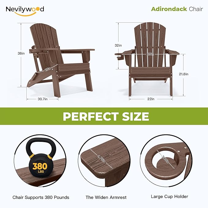 nevilywood Folding Adirondack Chair with Cup Holder Set of 4, HDPE Patio Chairs,All-Weather Outdoor Chairs for Backyard, Deck,Fire Pit-Coffee