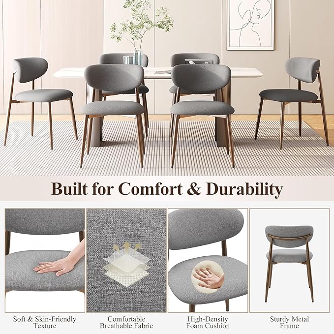 Dining Chairs Set of 2, Upholstered Dining Room Chairs with Metal Legs and Anti Slip Pads, Curved Back Kitchen Chair for Home and Restaurant Use, Light Grey