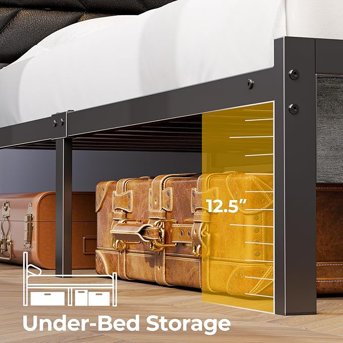 Seventable Bed Frame Queen Size with Charging Station, LED Bed with Upholstered Storage Headboard, Metal Platform Bed with Under Bed Storage, No Box Spring Needed, Noise Free, Easy Assembly, Black