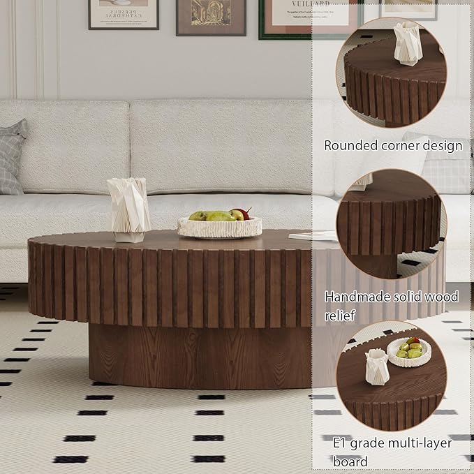 Oval Coffee Table, Handcrafted Fluted Drum Coffee Tables Modern Wood Coffee Table Drum Center Table for Living Room, Apartment (Oval Brown)