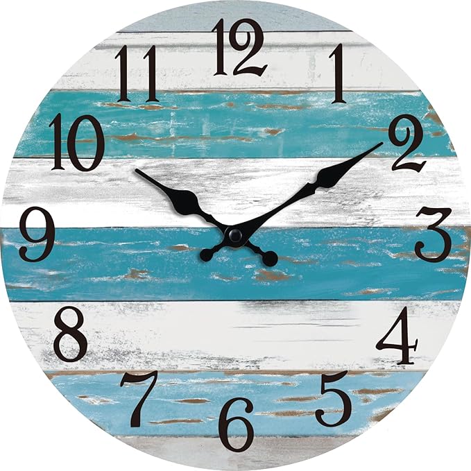 Wall Clock Battery Operated 12 Inch Outdoor Beach Style Blue Coastal Retro Silent Non Ticking Decorative for Bathroom Kitchen Living Room Bedroom
