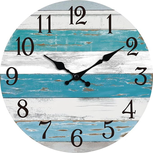 Wall Clock Battery Operated 10 Inch Outdoor Beach Style Blue Coastal Retro Silent Non Ticking Decorative for Bathroom Kitchen Living Room Bedroom