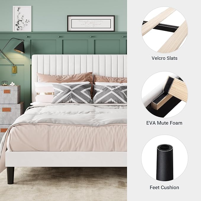 Allewie King Bed Frame, Velvet Upholstered Platform Bed with Adjustable Vertical Channel Tufted Headboard, Mattress Foundation with Strong Wooden Slats, Box Spring Optional, Easy Assembly, Off-White