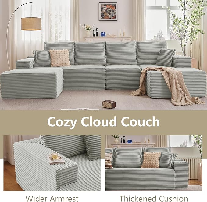 135" U-Shape Cloud Couch, Modern Modular Sectional Comfy L-Shape Sofa with Ottoman, Deep Seat, Upholstered Corduroy Sleeper Chaise Longue for Living Room Bedroom, No Assembly Required, Grey