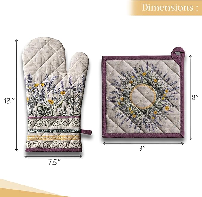 Maison d' Hermine 100% Cotton Oven Mitt & Pot Holder Set (7.5"x13" & 8"x8") Heat Resistant BBQ Cooking Gloves with Loop, Baking, Grilling, Kitchen, Handling Hot Pans Spring/Summer (Fanny Lavender)