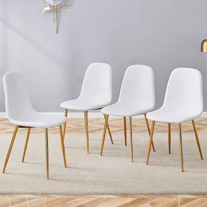 Dining Chairs Set of 4,Luxury Modern Kitchen Dining Room Chairs with Metal Golden Leg and Linen Material High Resilience for Dining Room,Restaurant,Living Room, Bedroom, (White)