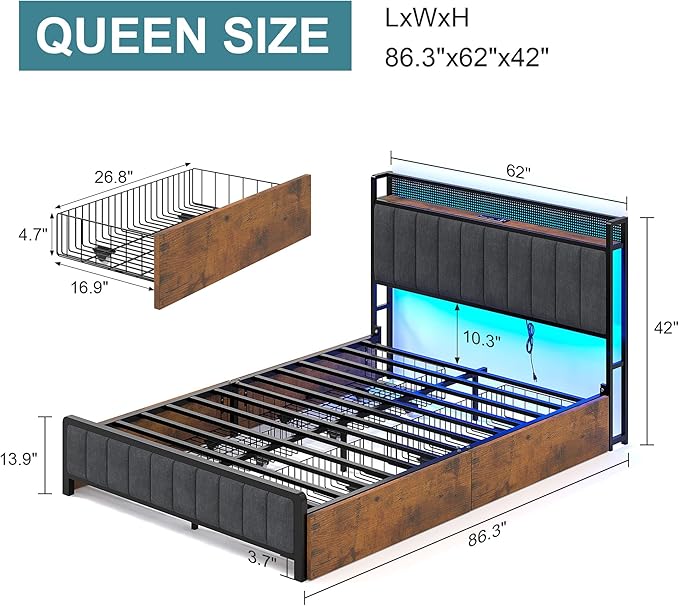 VECELO Queen Size Upholstered Metal Bed Frame with Storage Drawers, LED Headboard, USB & Type-C Ports, Linen Fabric Platform Bed with 9 Legs Support, Noise-Free Design, No Box Spring Needed, Grey