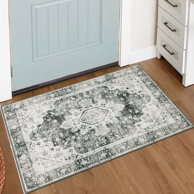 Moynesa Ultra-Thin Washable Area Rug - 2x3 Small Grey Front Door Rug Kitchen Mat, Non Slip Non Shedding Pet Friendly Bathroom Carpet for Office Laundry Powder Room Bedside Hardwood Floor
