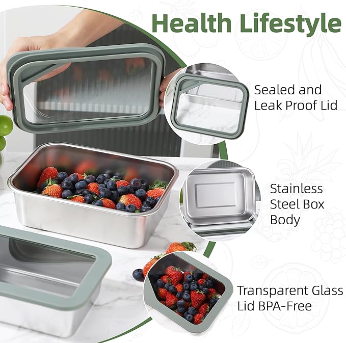 Meal Prep Containers, 3Pack 40oz/1200ml Glass Food Storage Containers with Leak Proof Airtight Lids, Stainless Steel Bento Lunch Boxes, Kitchen Storage for Oven, Freezer, Dishwasher (Set of B)