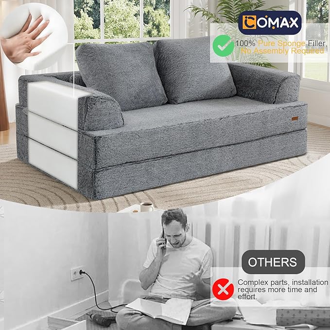 COMAX Convertible Sofa Bed, Folding Floor Couch Corduroy Fold Out Couch Bed Futon Sleeper Mattress with Pillows, Boneless Sofa Comfy Lounge Loveseat for Living Room Bedroom, Snow Grey