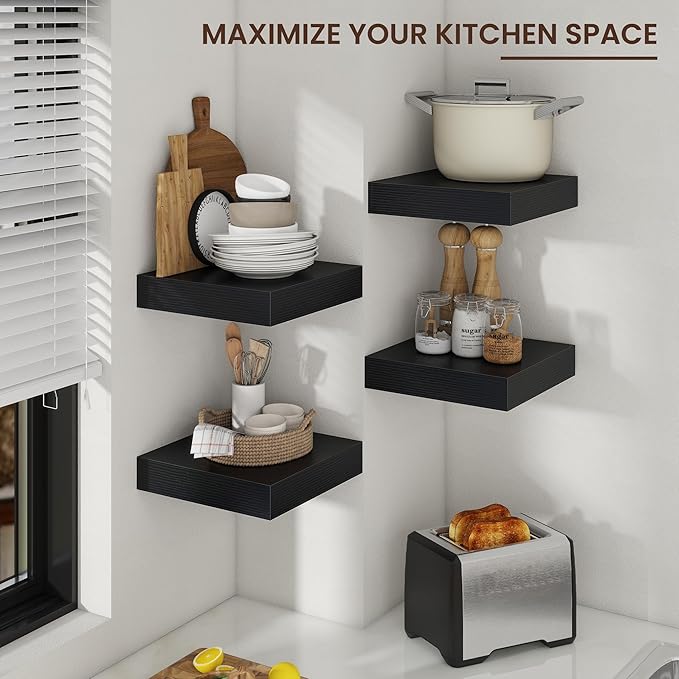 Square Floating Shelves for Wall, 12" W x 12" D x 2" H, 2 Pack of Small Wall Mounted Engineered Wood Shelves with Invisible Brackets for Living Room, Bedroom, Bathroom, Kitchen Decor, Black