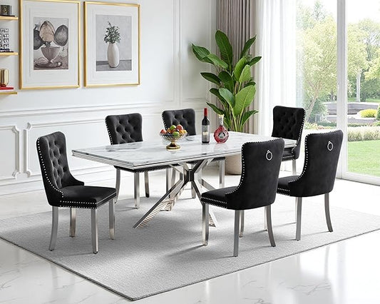 Goujxcy Luxury Dining Table Set for 6 Modern 7 Piece Faux Marble Dining Table Set with 6 Tufted Upholstered Chairs, 70" Faux Marble Kitchen Table & 6 Chairs with Mirrored Stainless Steel Base